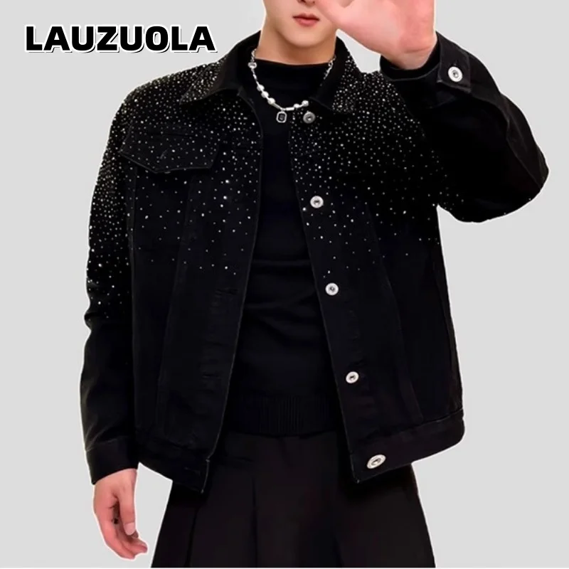 Men Black Rhinestone Denim Jacket Gradient Sparkly Diamond Coat Button Up Casual Streetwear Male Glitter Hot Drill Outerwear