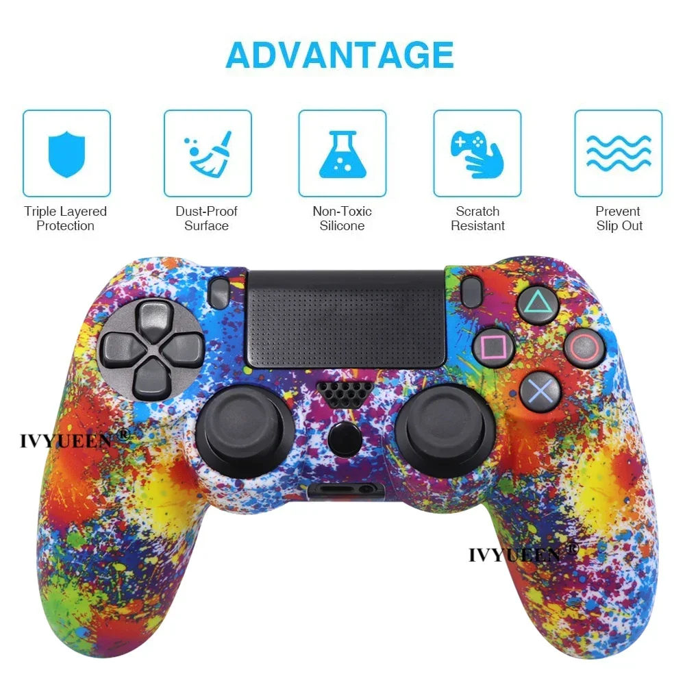 Ivyueen para sony dualshock 4 ps4 ds4 slim pro controlador silicone camo capa protetora + tampas de aperto de polegar para playstation 4