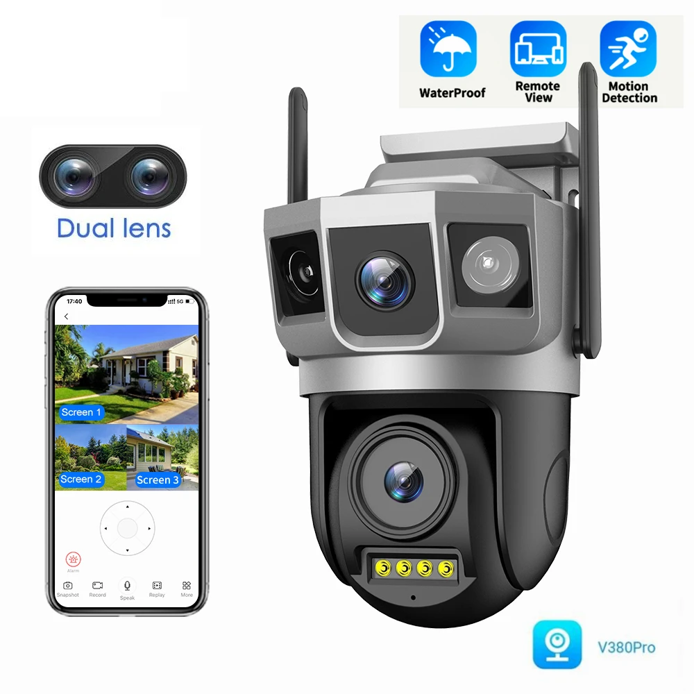 Three Screen V380 Wireless Security Protection WIFI Camera Outdoor Pan Tilt Home Surveillance IP Camera Two Way Audio Talk