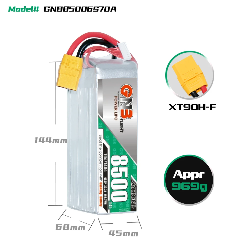 GNB GAONENG 8500mAh 6S 22.2V 70C 140C XT90 RC Air Drone RC LiPo Battery High Discharge C rating Performance Helicopter