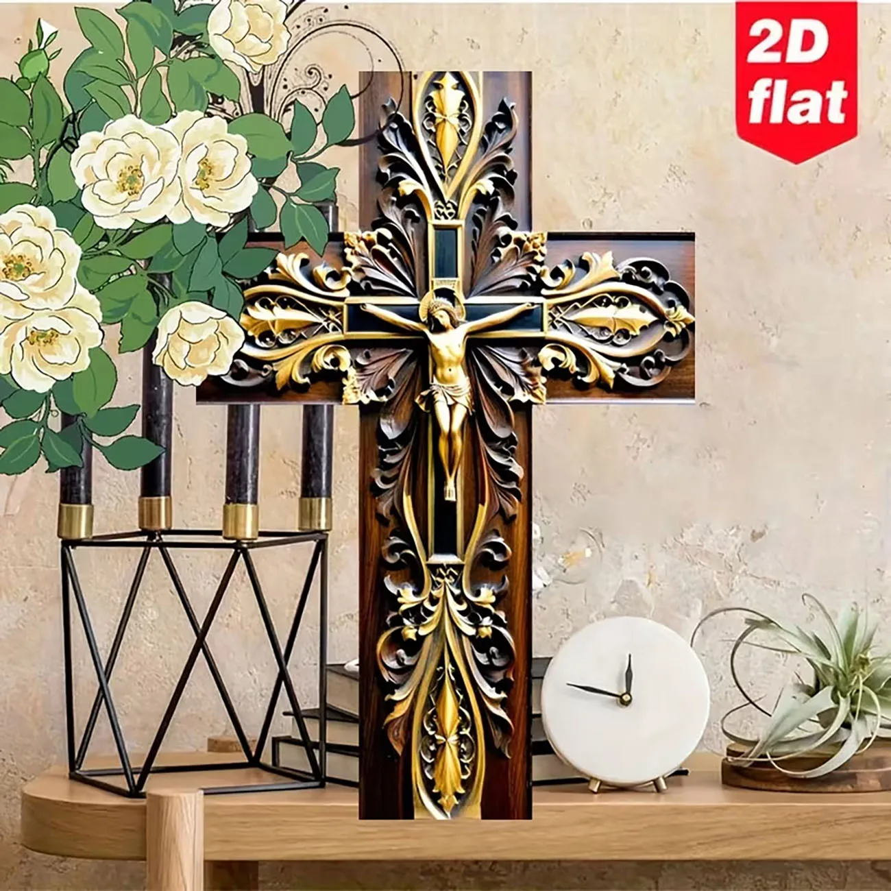 Wooden Retro Gold Crucifix Cross Wall Decor 2D Flat Print Religious Wall Art for Chapel Home Decoration