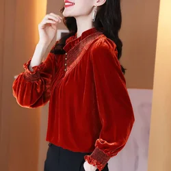 High end gold velvet top for women with a niche design sense, retro gold velvet shirt for women, autumn/winter 2024