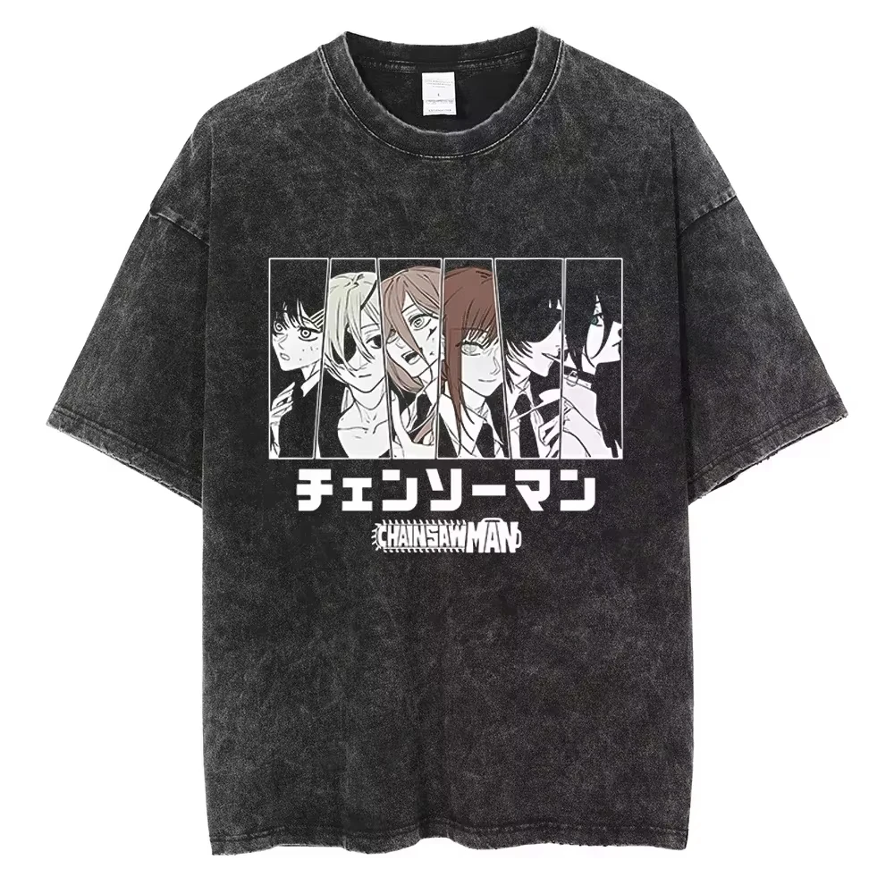 

2026 new Oversized Chainsaw Man Washed Summer Tee, Vintage Distressed Anime Streetwear, Denji Graphic Top for Men Women