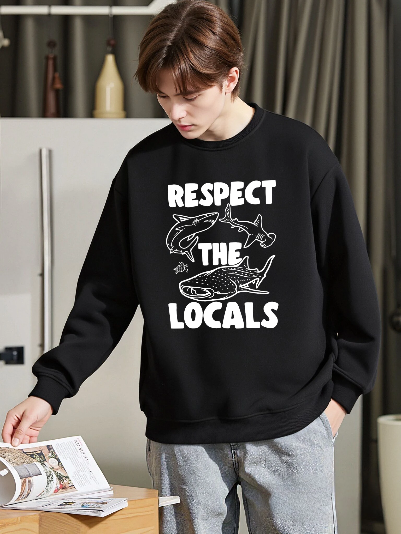 Respect The Locals Shark Printing Herren Sweatshirt Vintage Fleece Pullover All-Match Bequeme Kleidung Weiche warme Hoodies