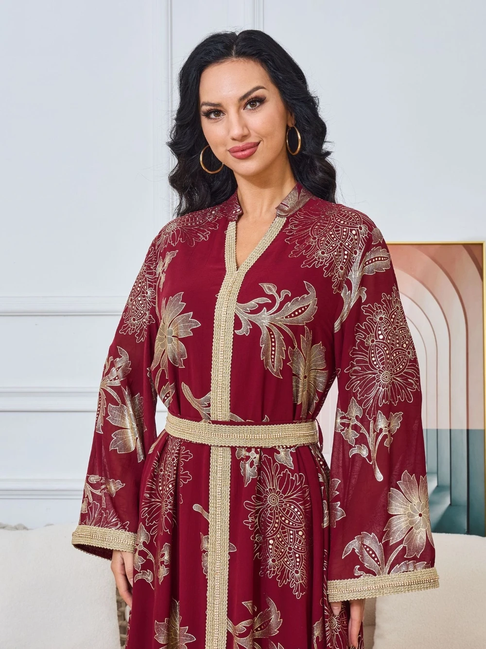 فستان سهرة طويل مريح من الشيفون للنساء المسلمات باللون العنابي مع تطريز زهور ذهبية وأكمام طويلة مقاس كبير ملابس الحفلات #3