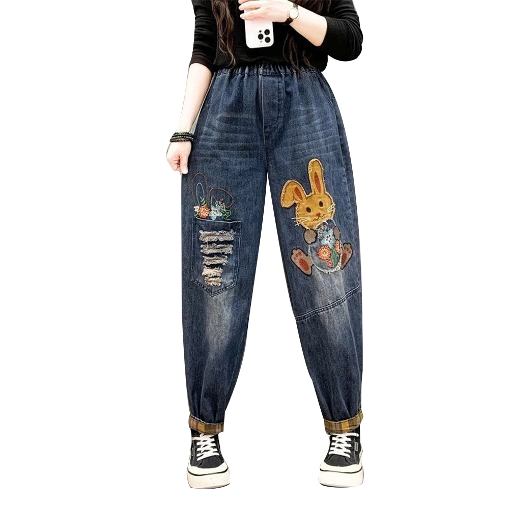 Imagem -02 - Patch Retro Feminino Jeans Solto Bordado Estampado Rasgado Casual Novo Alta Qualidade