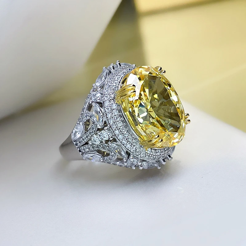 14 Carat Yellow Diamond Ring 925 Sterling Silver European and American Miniature Inlaid Ring Engagement Women's Jewelry