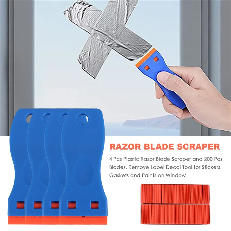 ABAG 4 Pcs Plastic Razor Blade Scraper And 200 Pcs Blades, Remove Label Decal Tool For Stickers, Gaskets And Paints On Window