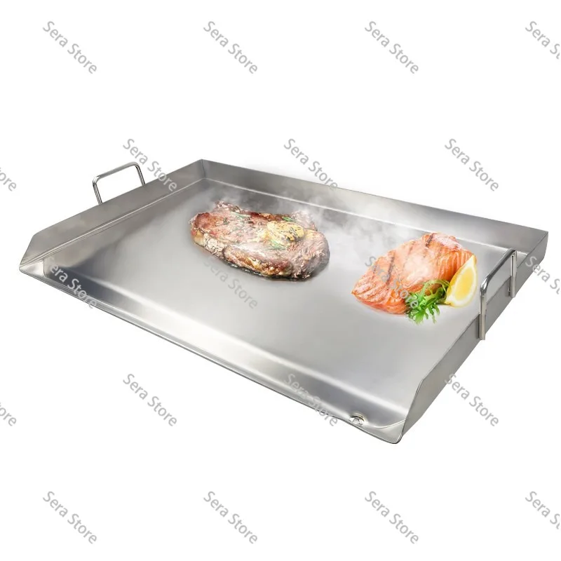 Stainless Steel Cooking Grill Pan Flat Top Plate Insertion with Grease Slot Handle for Charcoal Grill