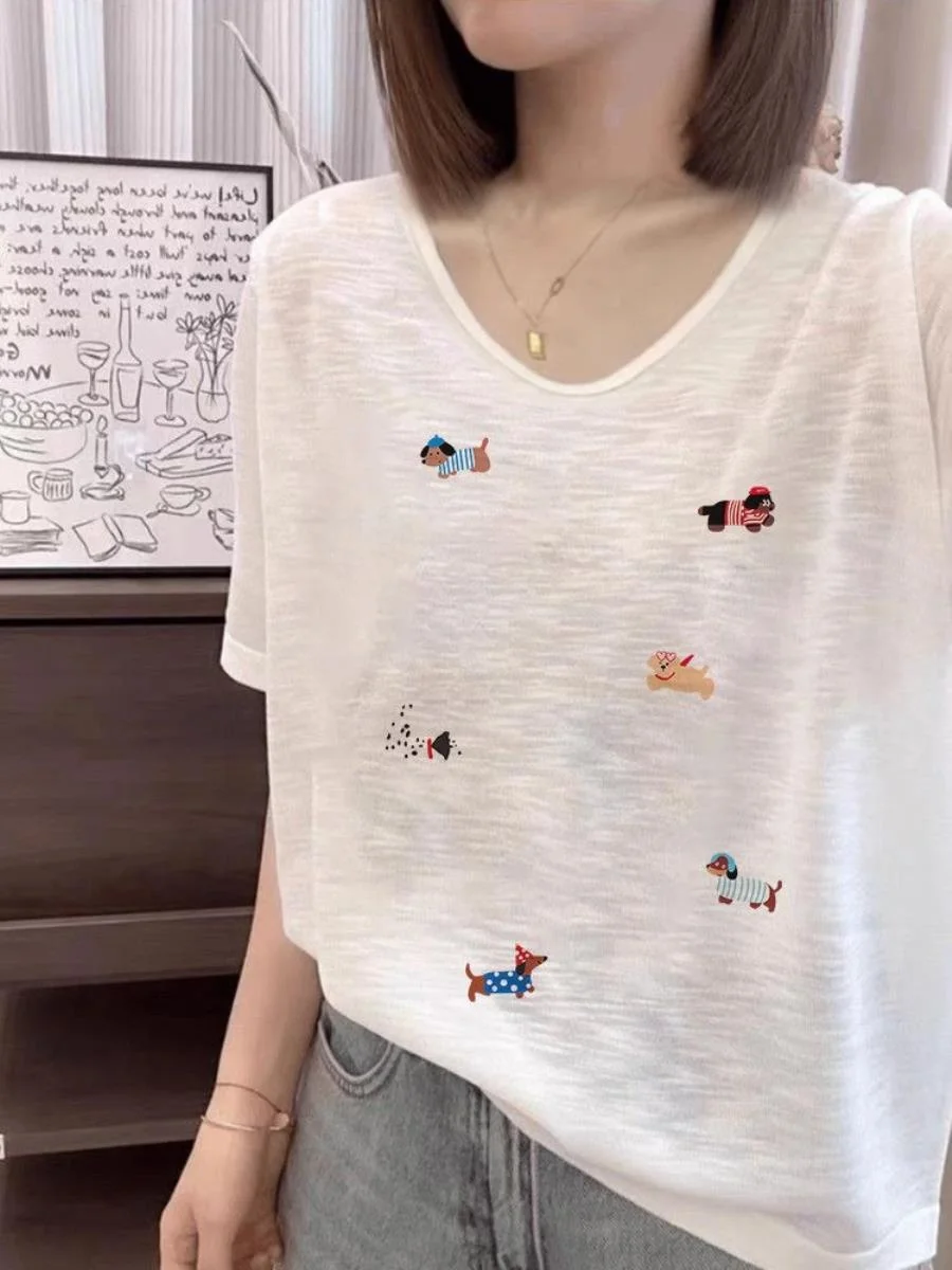 white-cotton-v-neck-short-sleeve-t-shirt-women-summer-loose-slimming-sun-protection-face-veil-mask-breathable-comfortable