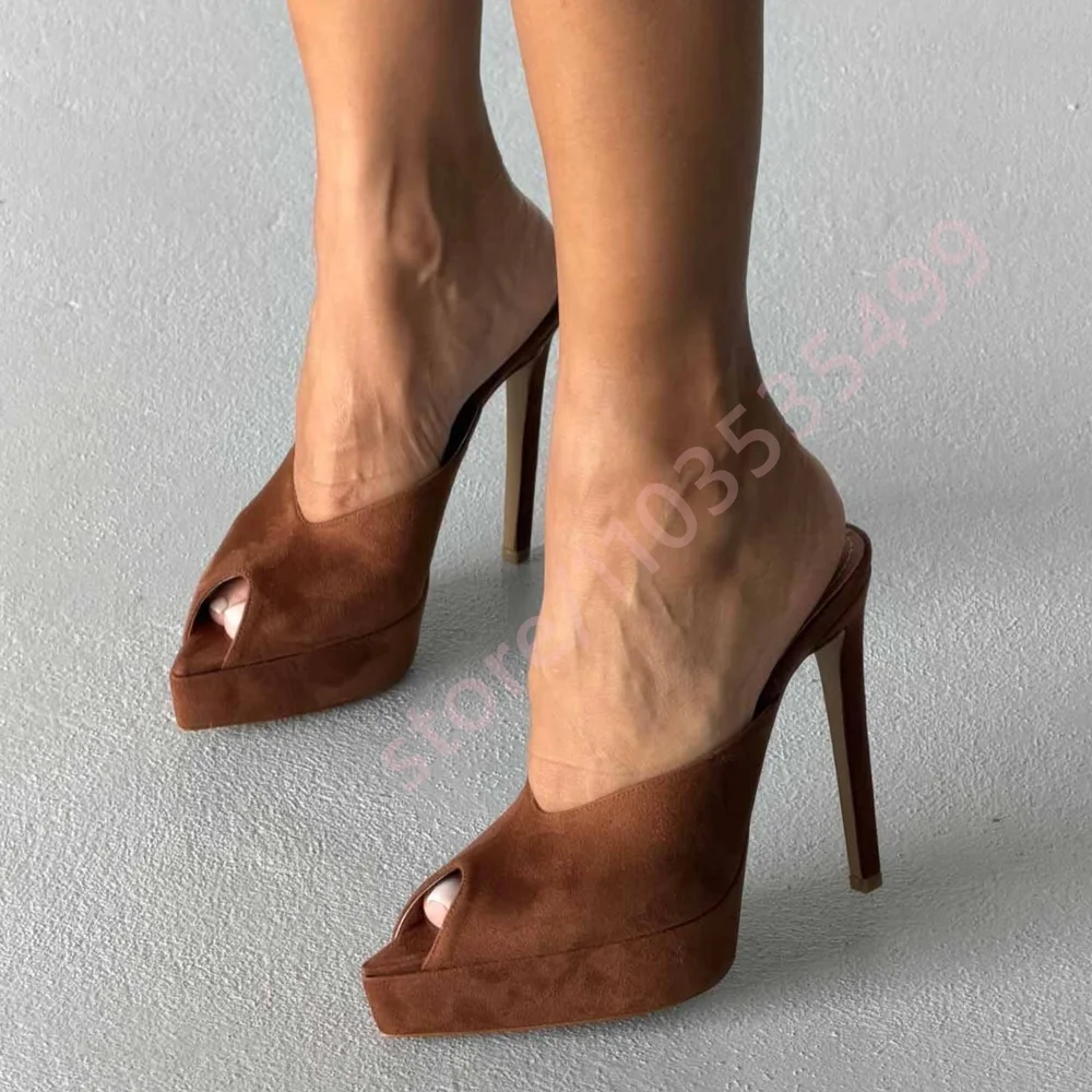 

2026 Retro Solid Color Platform Heeled Mules Sexy Women Party Nightclub Dress Sandals Summer Peep-Toe Stiletto Heel Slippers