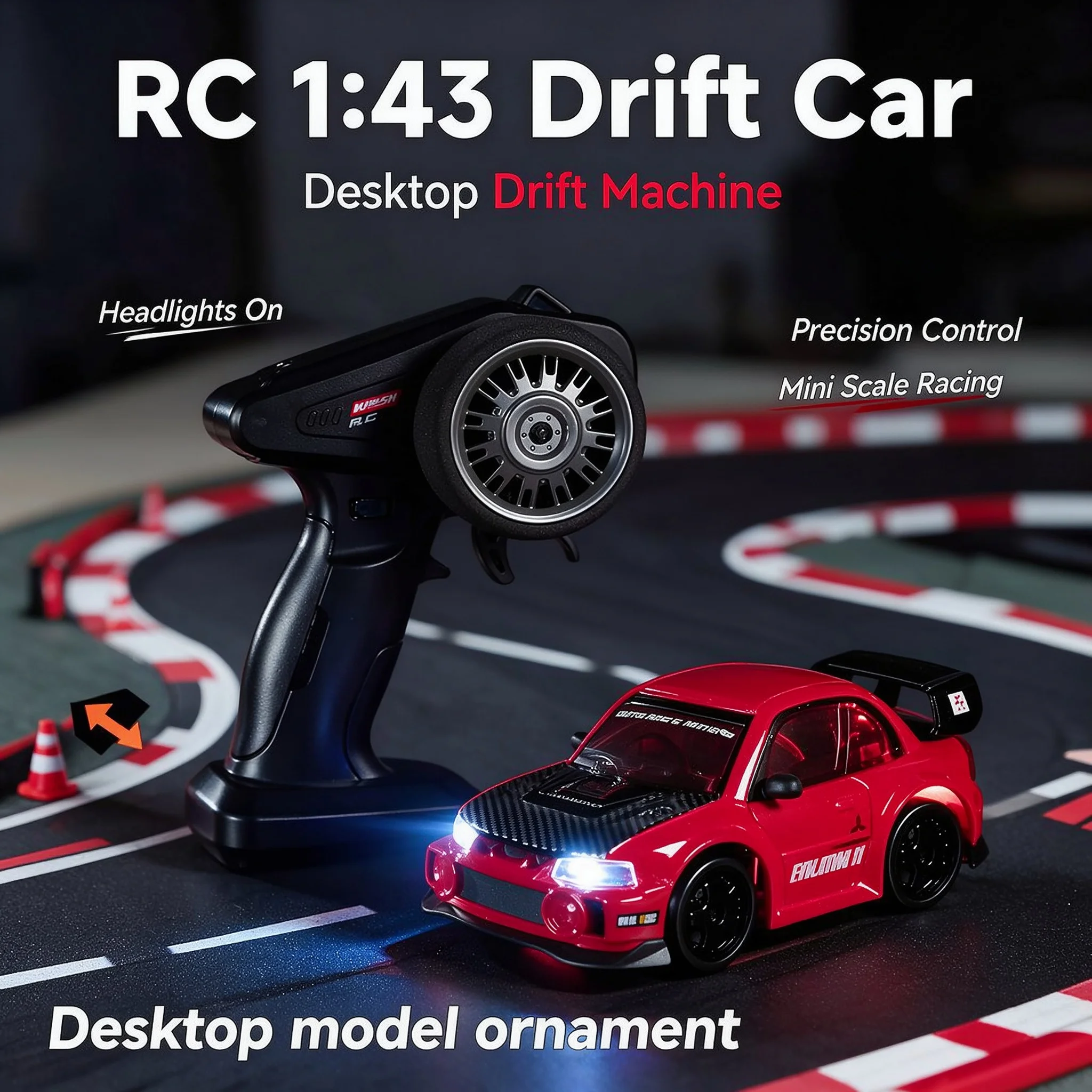 1/43 Wide-Body RC Drift Racing Car, Short-Wheelbase Desktop Drifting Model with LED Lights, Toy Gift for Boys Kids