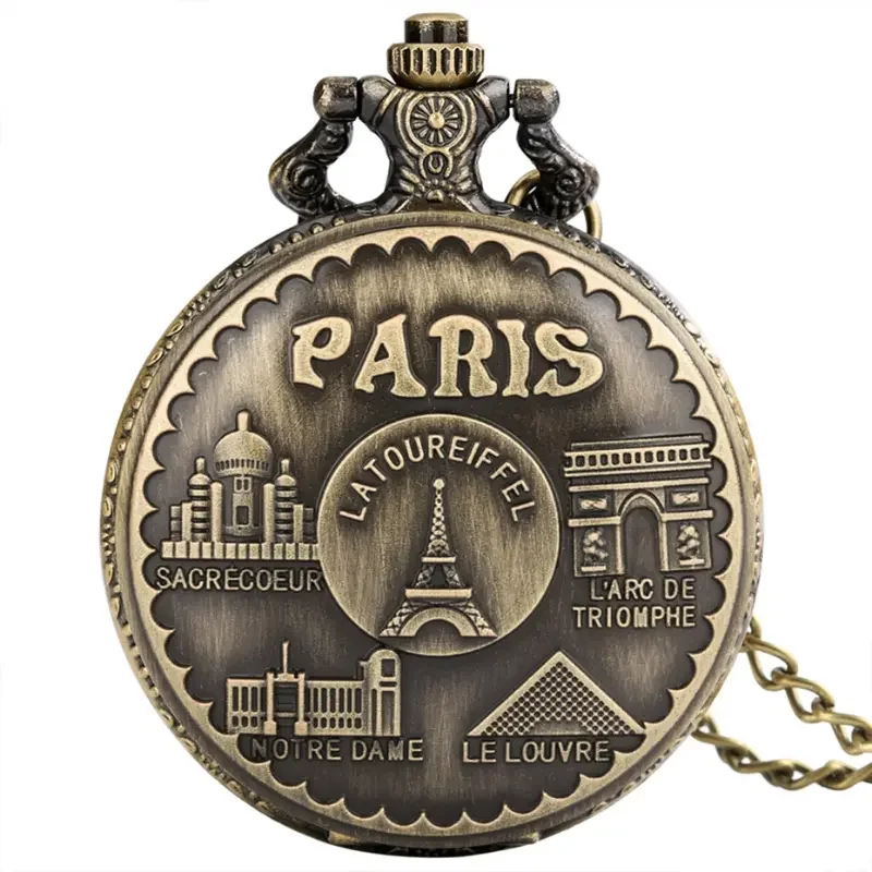 Vintage Paris Eiffel Tower Notre Dame Design Kwarcowy zegarek kieszonkowy LE LOUVRE Naszyjnik Wisiorek Art Souvenir Zegar dla mężczyzn Kobiety