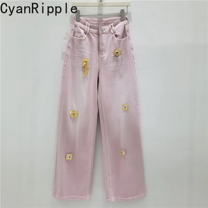 

American Street Trendy Metal Decoration Stretch Pink Jeans for Women All-match Spring Summer High Waist Wide Leg Denim Pants