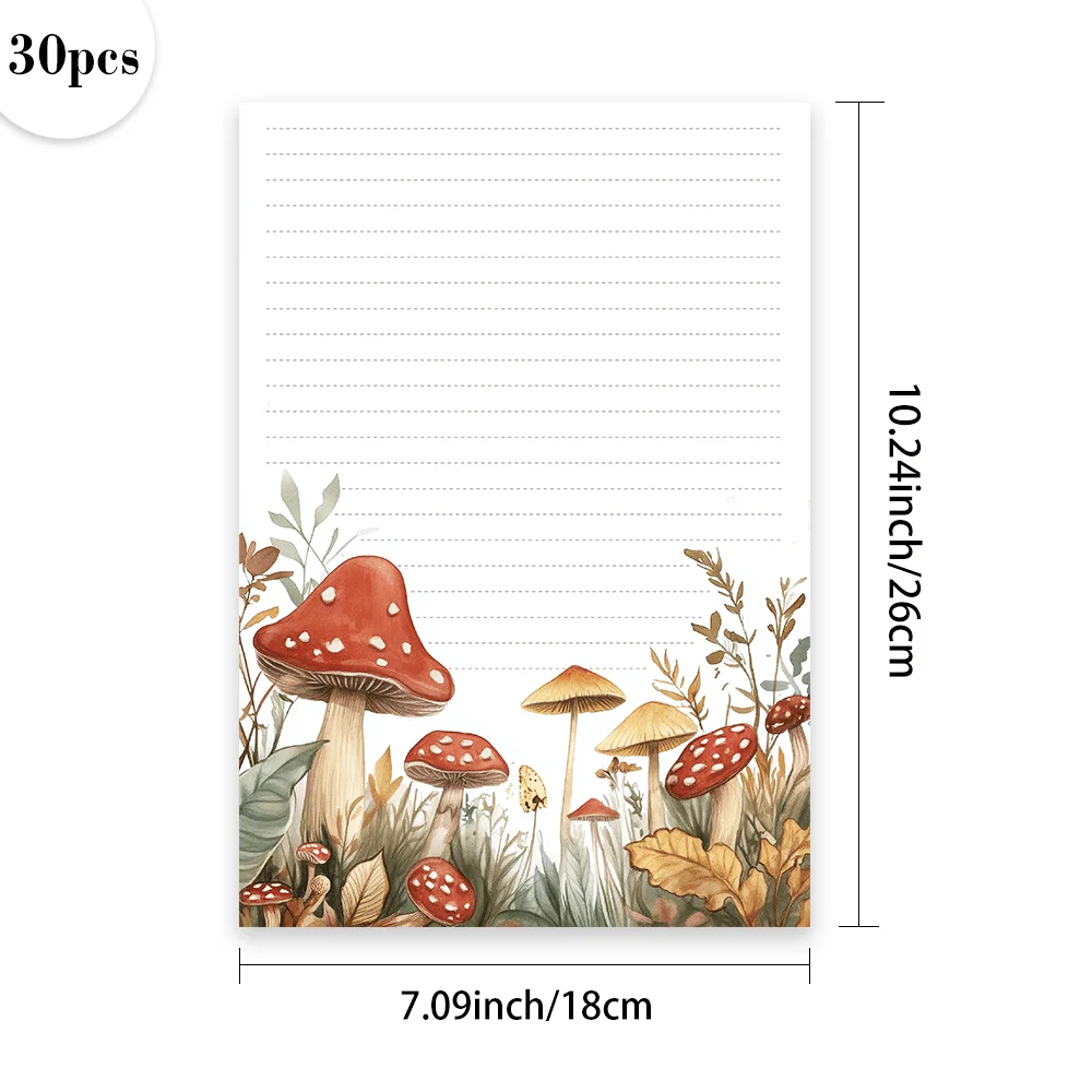 30 Sheets, B5 Watercolor Forest-themed Mushroom Writing Paper, Lined, Unglued, Very Suitable For Notebooks, Memos, And Stickers