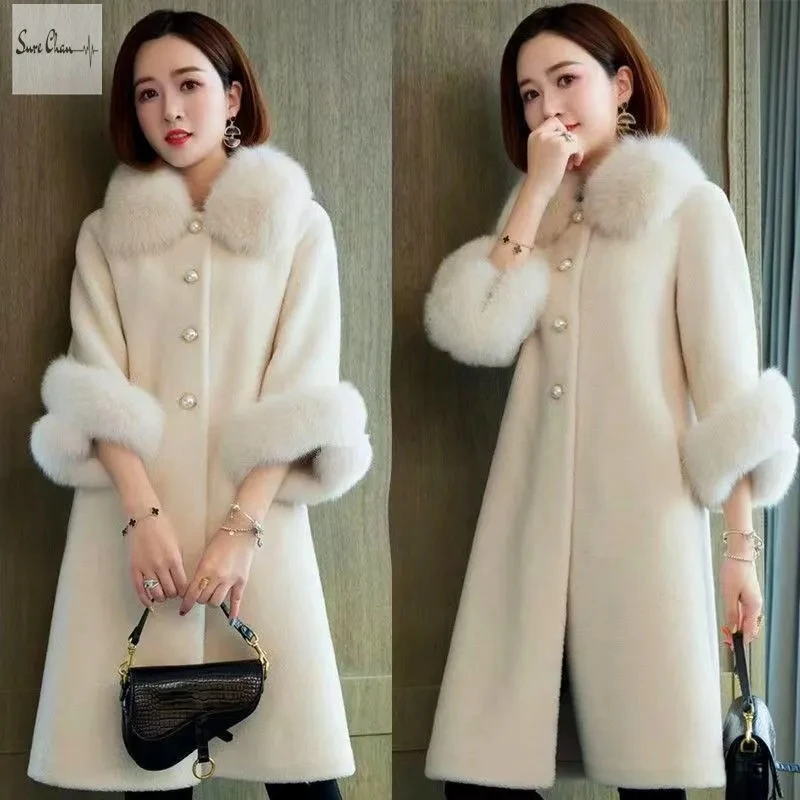 

2025 New Women Elegant Loose Fur Coat Fur Collar Thicken Fur Grain Integrated Coat Women Faux Fur Long Coat Women Fur Outwear