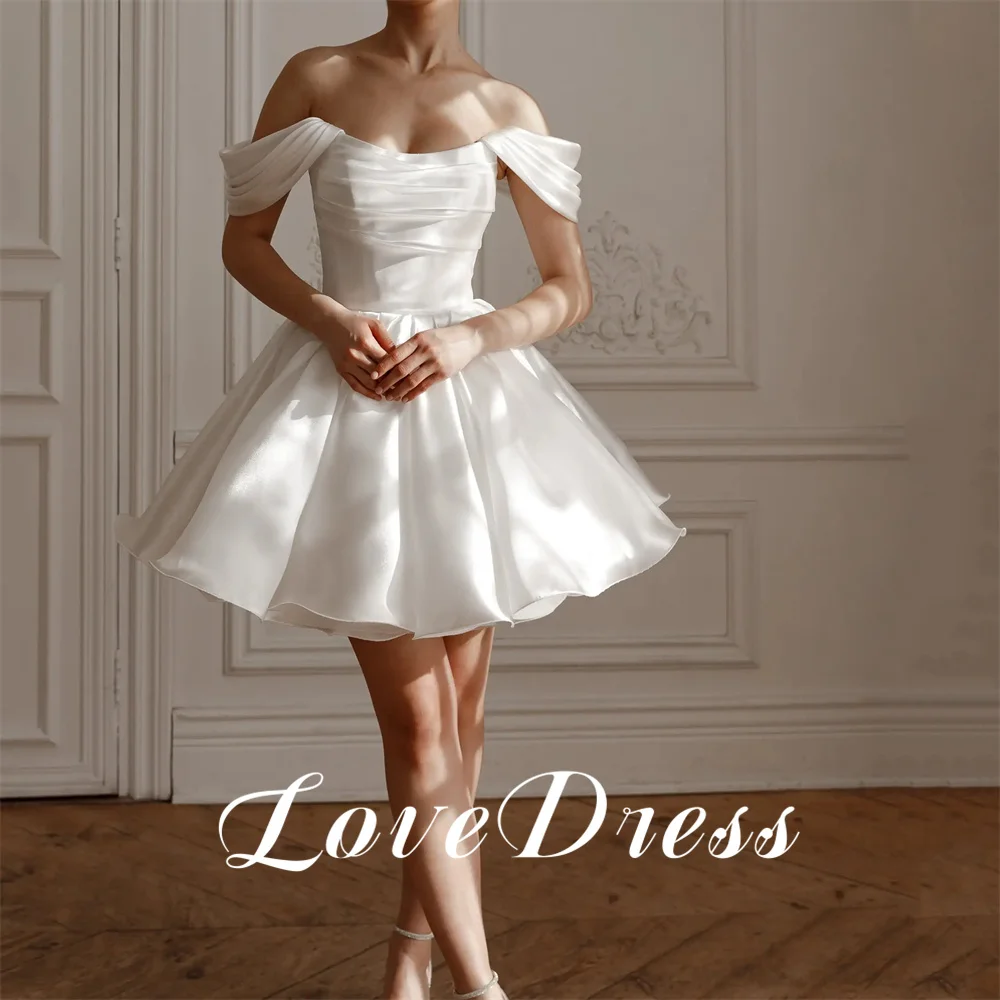 Customized Love Simple Off Shoulder A-Line Short Stain Wedding Dresses Elegant Above Knee Pleats Mini Back Lace Up Bridal Gown