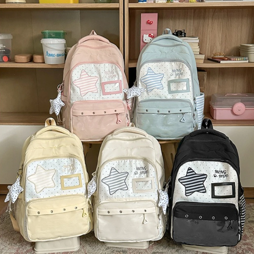 Cute Dot Pattern Star Decor Girls Backpack Multi Compartment Ita School Backpack Aesthetic Pastel Color Block Student Daypack