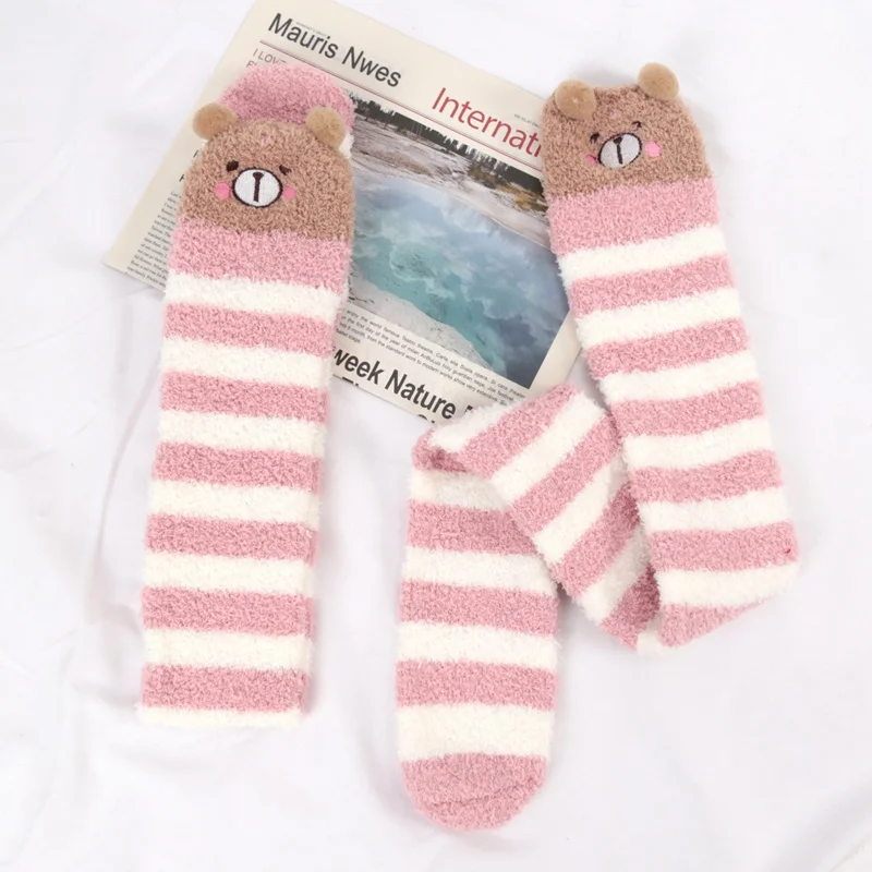 Women Girl Cute Winter Striped Coral Velvet Long Socks Warm Thicke Knee Length Socks Cute Bear Fox Sheep Home Towel Stockings