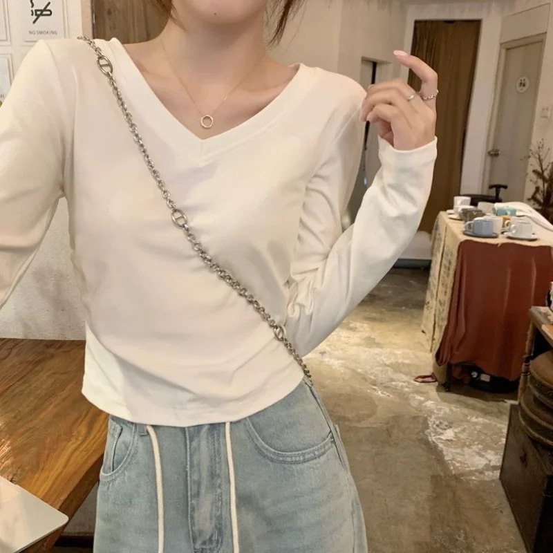 Elegant Women V Neck Cropped Long Sleeve T Shirt Slim Fit Casual Basic Tops For Inner And Outer Wear