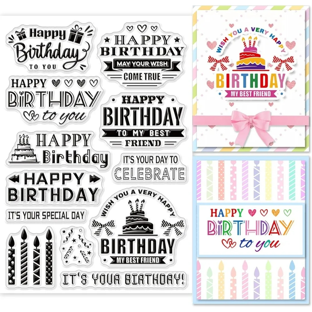 Happy Birthday Pattern Clear Stamps Transparent Rubber Stamps Words Candles Banner for DIY Scrapbooking Stamps Birthday