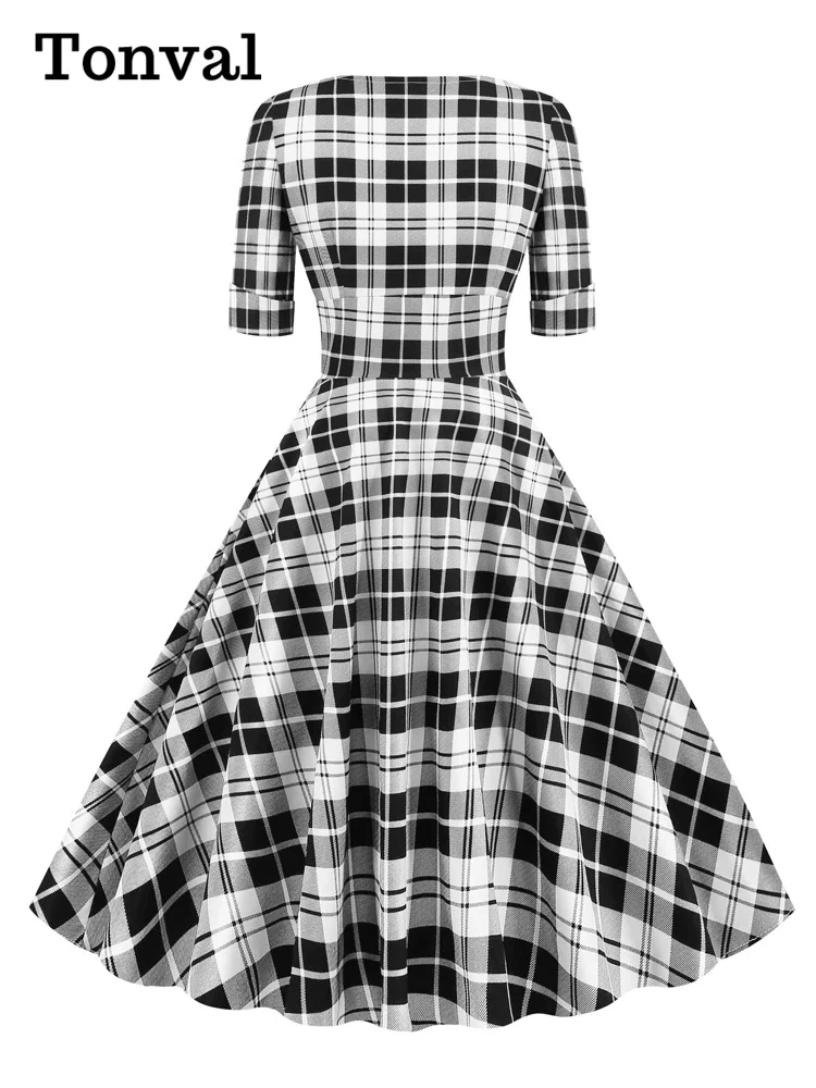 Tonval Plaid High Waist Tartan Vintage Half Sleeve Spring Dress Women V-Neck Elegant Party Rockabilly Cotton Midi Dresses