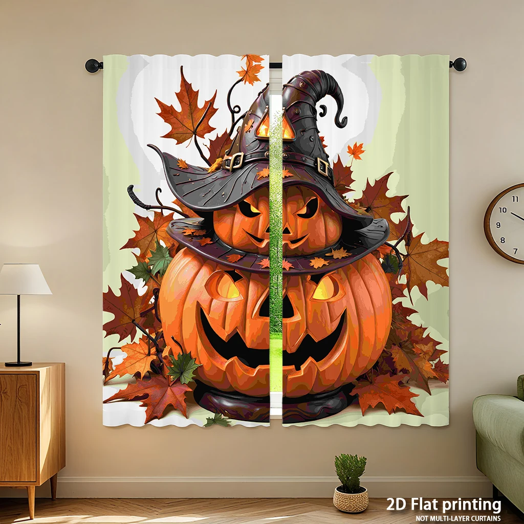 2-piece set of high-definition digital printed curtainshalloween orange pumpkins with witch hat and maple leavesHome decoration