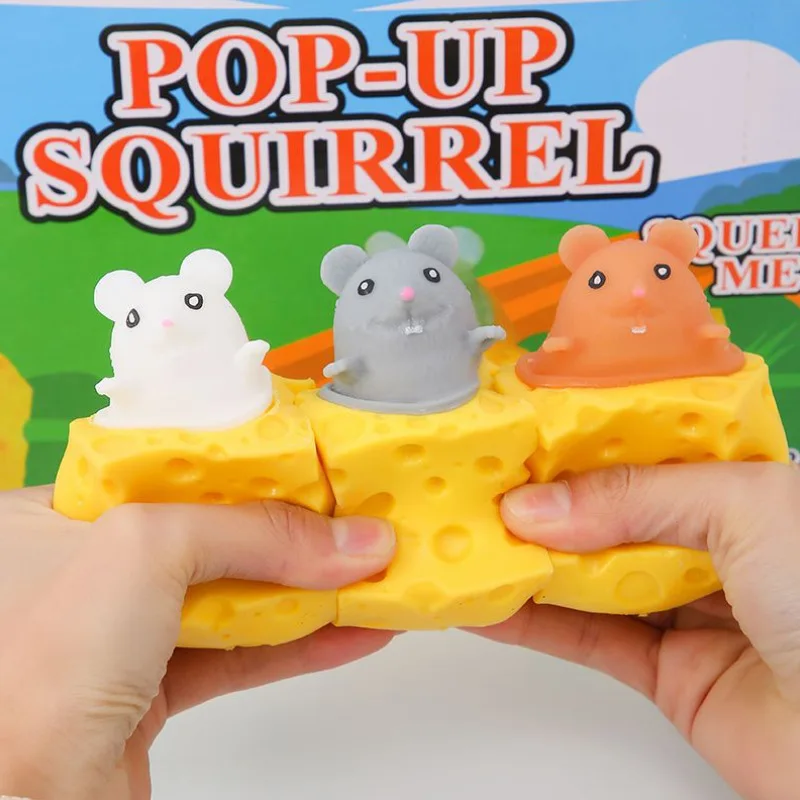 Pop Up Cheese Mouse Squeeze Toy, Stress Relief Fidget, Soft Cute Hanging Figure, Funny Decompression Game for Kids Adult