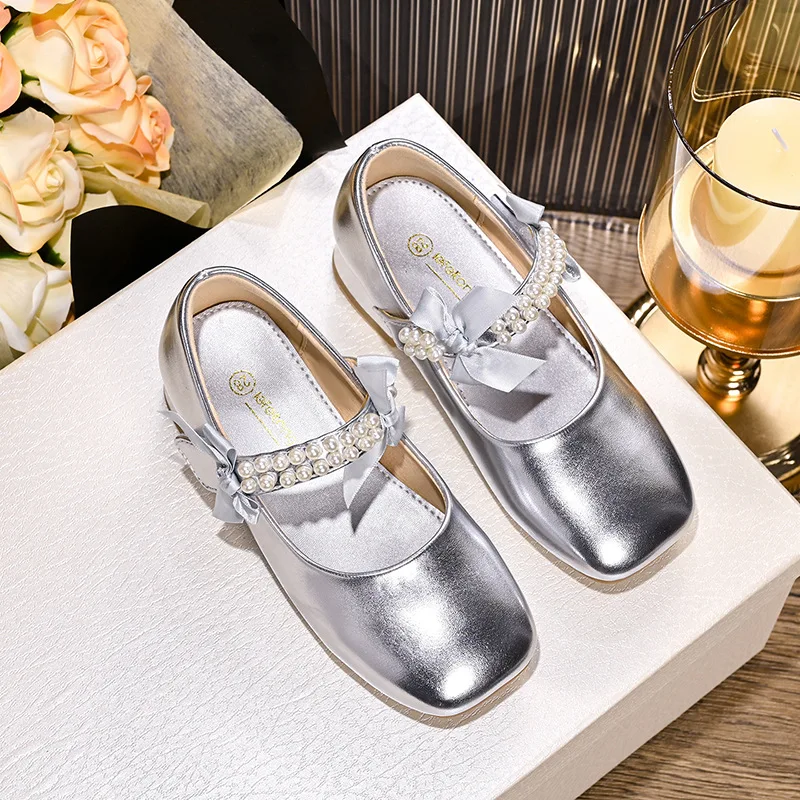 Girls Silver Block Heel Shoes New Platform Height Increasing Flats Soft Sole Driving Shoes Student Performance Princess Shoes​