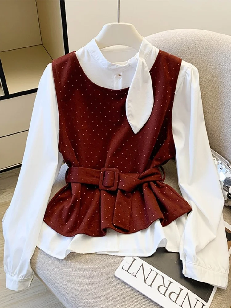 

Ankela Red Polka Dot Work irt Women's Long Sve Stand Collar Vest Top Layering Faion Design Autumn New Sle Upper Body