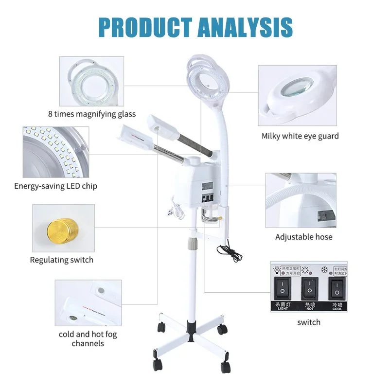 Facial Steamer Hot Cold Steam Vaporizer Ozone 3 in 1 Nano Ionic  Upgrade Humidifier With 8X LED Magnifying Lamp Beauty Salon Spa