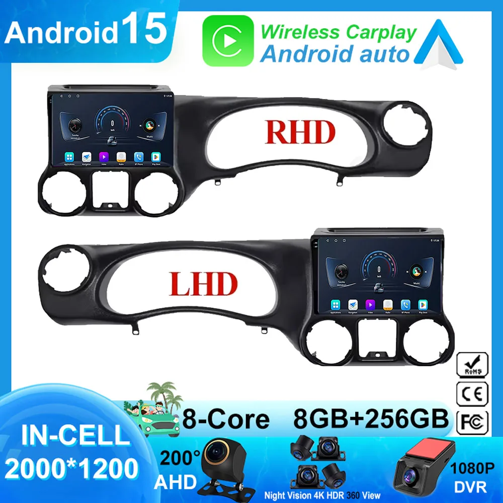Android 14 For Jeep Wrangler 3 JK 2010 - 2018 LHD RHD Car Radio Player Multimedia Navigation GPS DSP 48QE 4G Wirelees Carplay BT