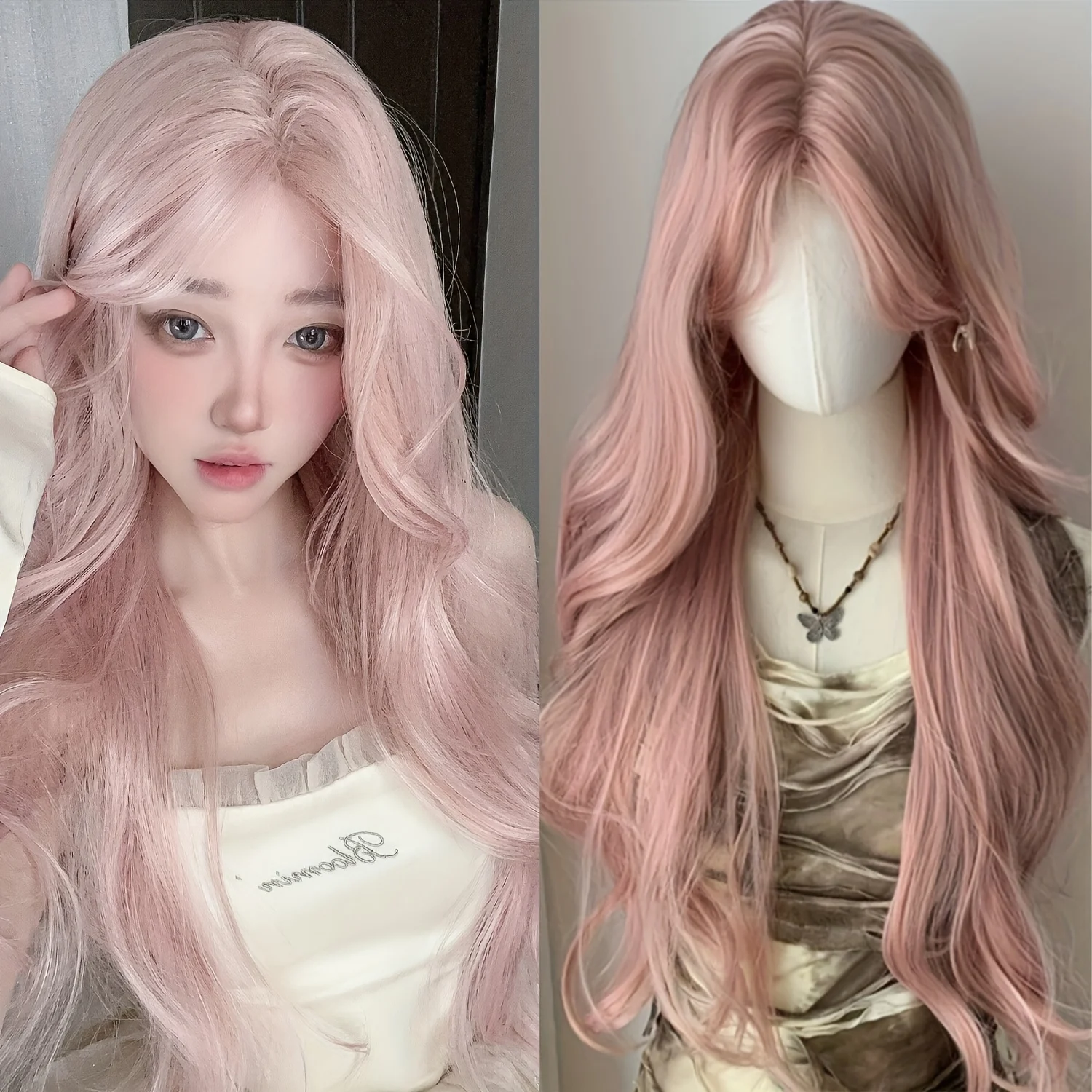 Anxin Brand Synthetic Fiber Wig: Mint Green Gradient Long Curly Hairstyle, Decorated with a Light-Colored Bow, Soft and Curly Hair with a Natural Texture, Available in Pink/White/Gray/Black; Made of High-Quality Synthetic Fiber Material, Comfortable to Wear and Easy to Care For; Suitable for Adult Women's Lolita Style Outfits, Daily Gentle Styling, and Cosplay Character Recreation as a Fashionable Item