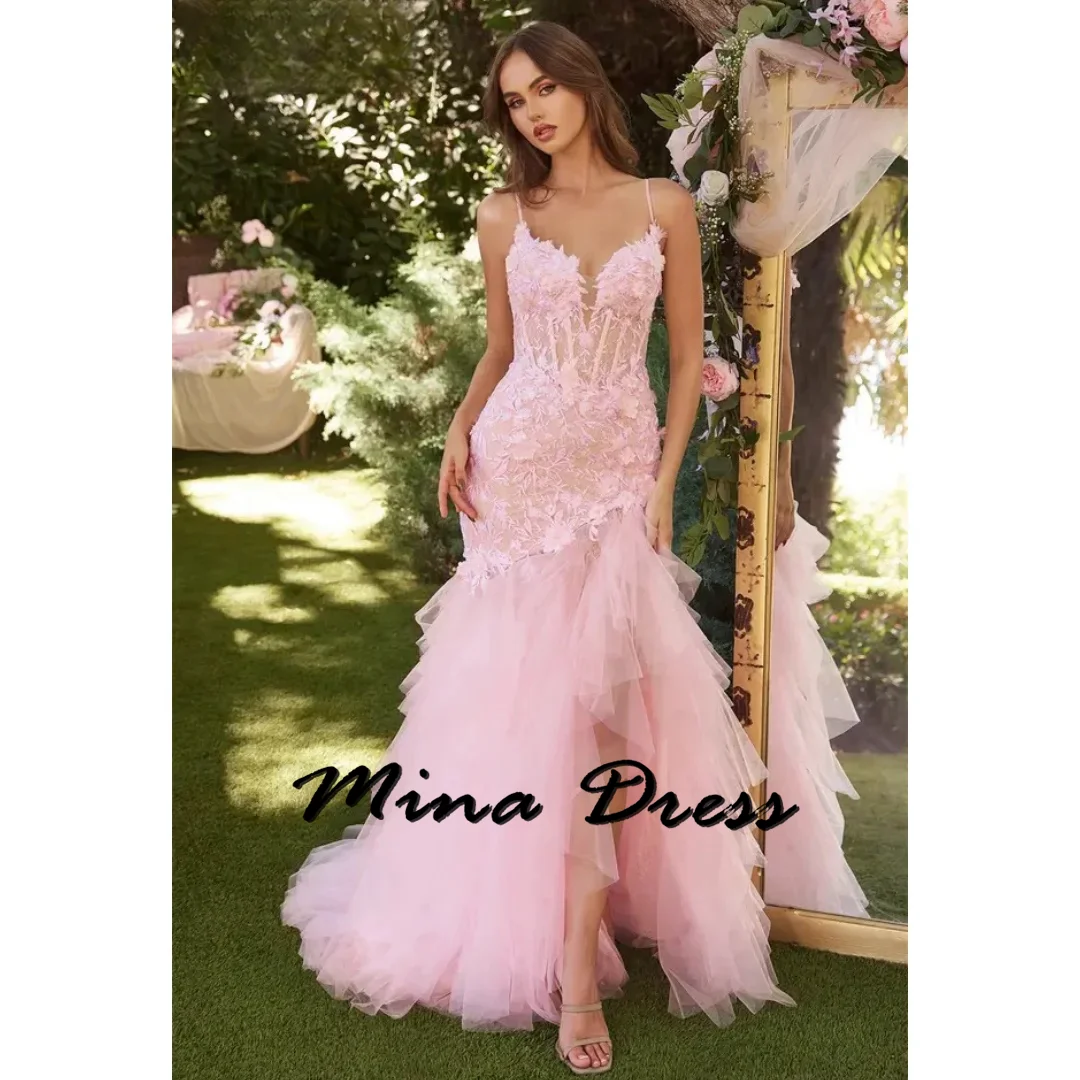 Mina Customized Backless Women Evening Dress Luxury 2024 Dubai Sleeveless Royal Engagement Dress Es Slit Spaghetti Straps Prom