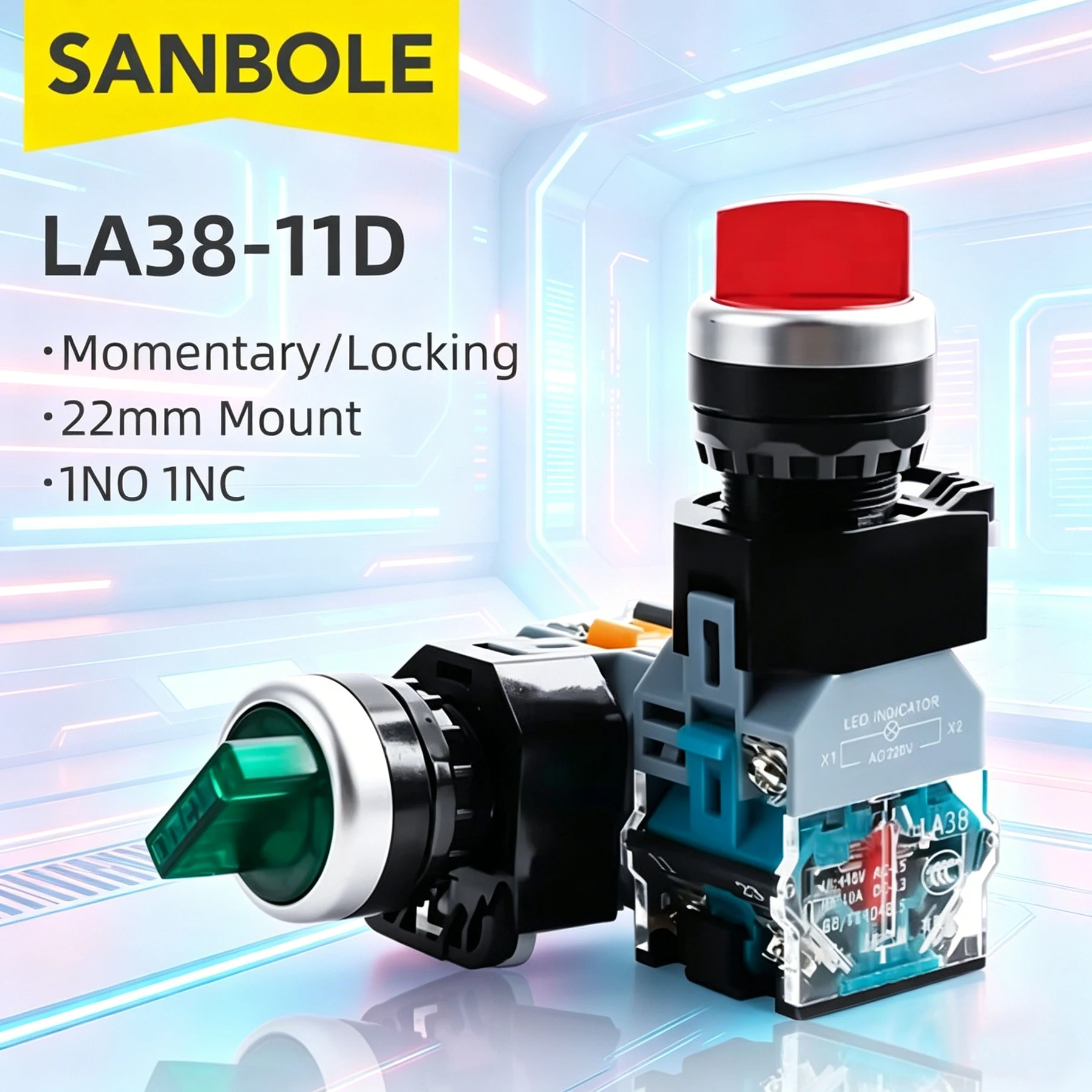LA38-11XD Knob Rotary Switch Silver Contact Fixed With LED Light 1NO1NC Self-locking Two/Three Positions 10A Selection 24V 220V