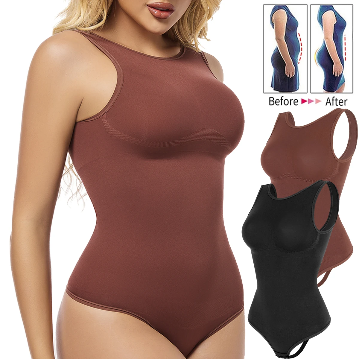 

Womens Body Shaper Round Neck Backless Tank Tops Waist Trainer Tummy Control Shapewear with Thong Butt Lifter Seamless Bodysuits