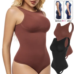 Womens Body Shaper Round Neck Backless Tank Tops Waist Trainer Tummy Control Shapewear with Thong Butt Lifter Seamless Bodysuits