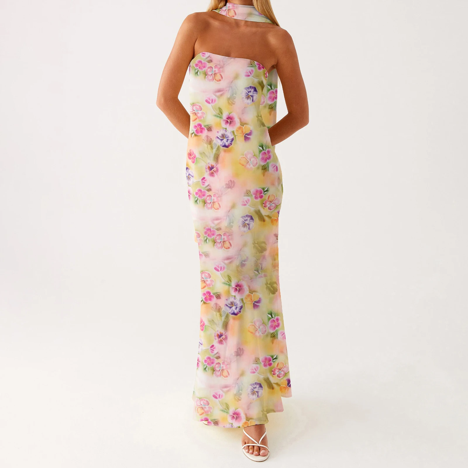 女性カラフルなフラワープリントオフショルダーノースリーブフリル裾マーメイドロングボディコンストラップレスチューブドレススカーフ付き