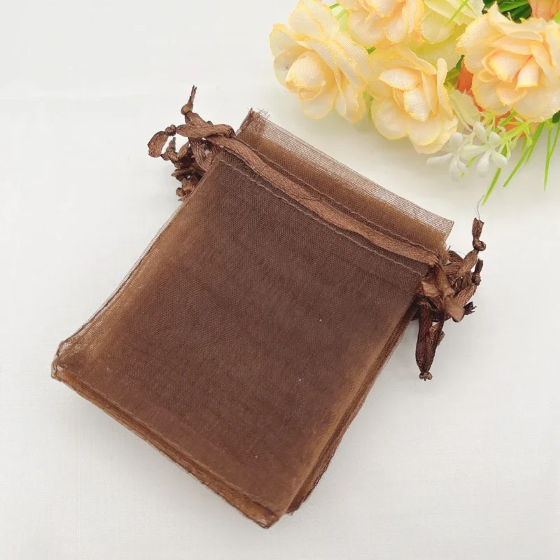 Coffee Brown Drawstring Organza Gift Bags, Wedding Packaging, Jewelry Storage Bags, Sachet Pouch, 100Pcs