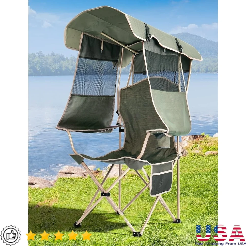 

Folding Beach Chair with Canopy Shade Adjustable Sun Protection Cup Holder Storage Pocket Camping Fishing Tailgating Heavy Duty
