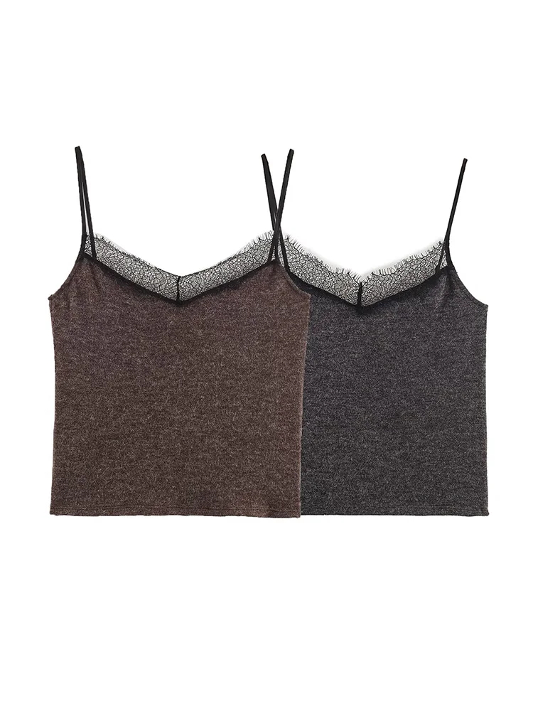 

HH Woman Summer Fashion Party V-Neck Lace Decoration Solid Short Sling Top Sexy Sleeveless Backless Leisure 2-Color Tops