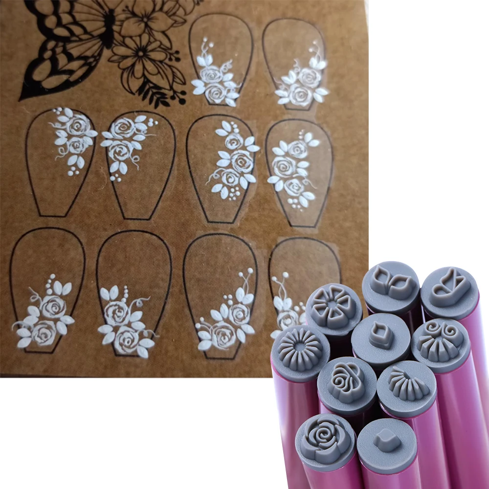 4/6/10pcs Nail Art Stamp Pen Set Floral Butterfly Pattern Nail Graffiti Pen Flower Painting Drawing Nail Brush Stamp Pen Tools