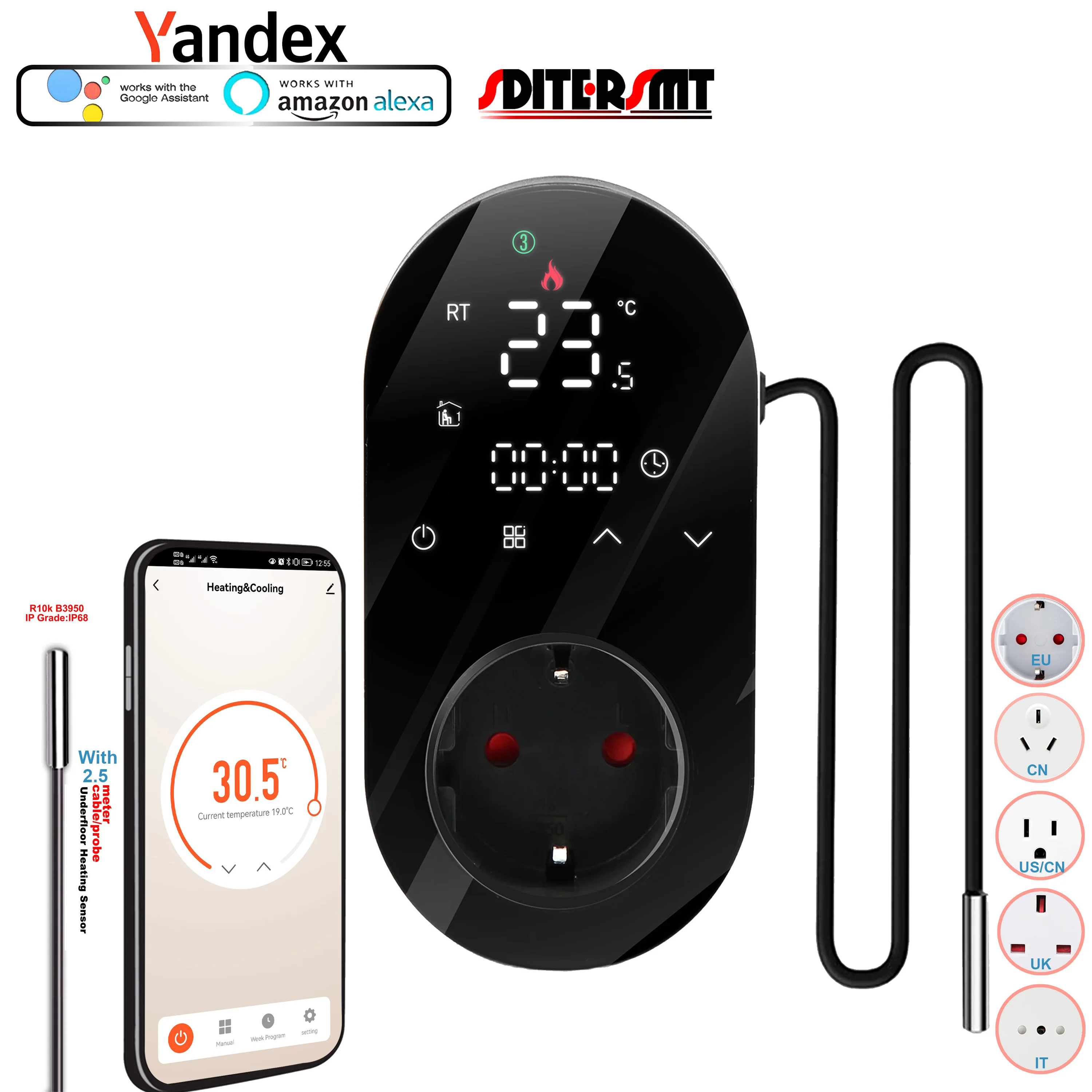 Plug-In ชั้นเครื่องทำความร้อน Dual Sensor WIFI Digital LED/LCD °C/°F สวิทช์รายสัปดาห์ EU,UK,CN,US,FR,ซ็อกเก็ต