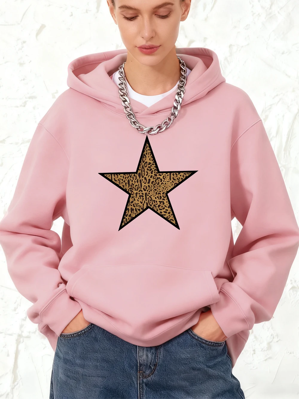 ヒョウ五芒星プリントパーカー綿レディースジョギングポケットプルオーバースポーティルーズスウェットシャツ冬フリース女性服