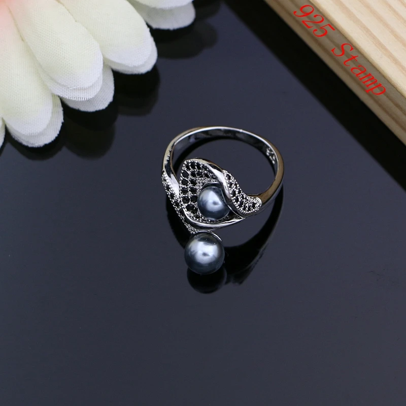 horn Flower Silver 925 Bridal Jewelry Sets Black Pearl Zircon For Women Wedding Pendant Drop Earrings Open Rings Necklace Set