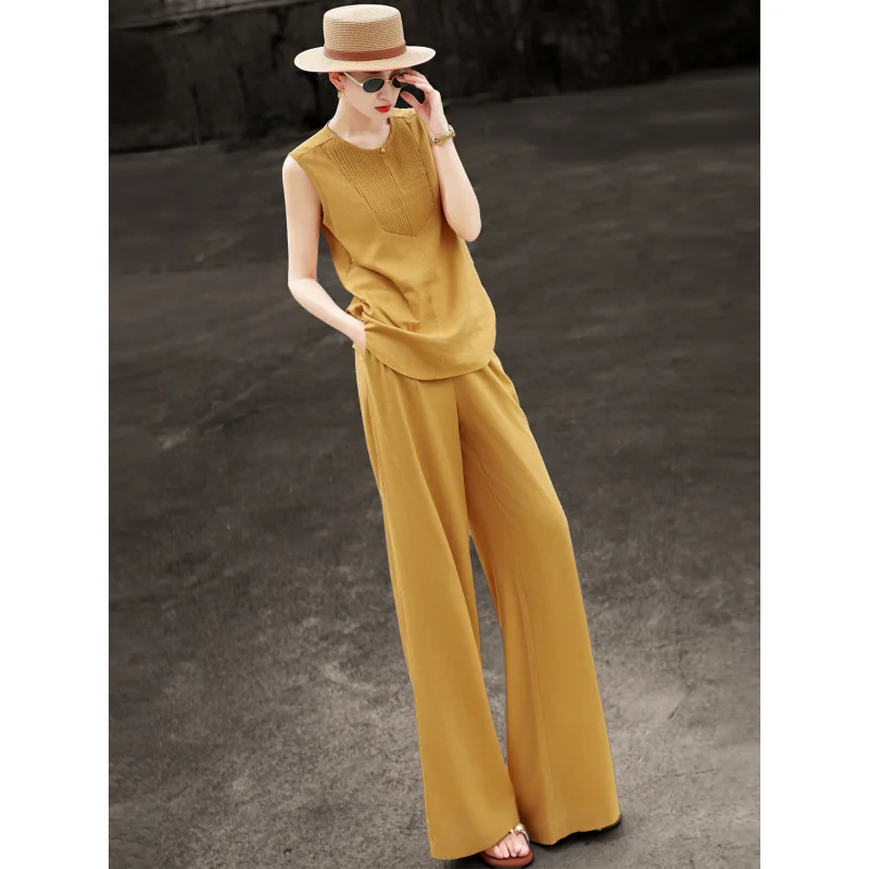 MEXCOCO 2026 Summer New Casual Linen Two Piece Set Sleeveless Textured Vest High Waist Wide Leg Pants Commuter Matching Suit