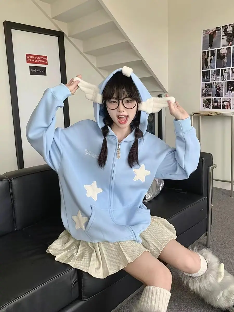 

Harajuku Solid Hoodie Women's Japanese Y2K Sweet and Cute Plush Sweatshirt Korean Girls' Hooded Jacket