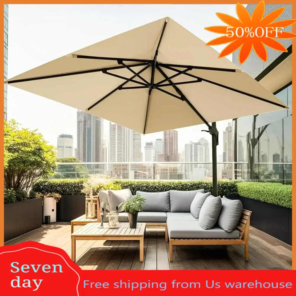 

11x11 FT Cantilever Patio Umbrella Outdoor Offset Square Umbrella W/ 36 Month Fade Resistance Recycled Fabric Beige Furniture