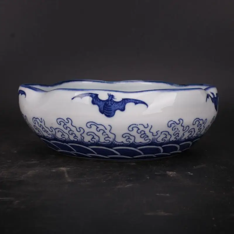 Chinese Qing Qianlong Blue and White Porcelain Flowers Mouth Entangled Lotus & Bat Dragon Pattern Water Bowl Brush Washer 5.51