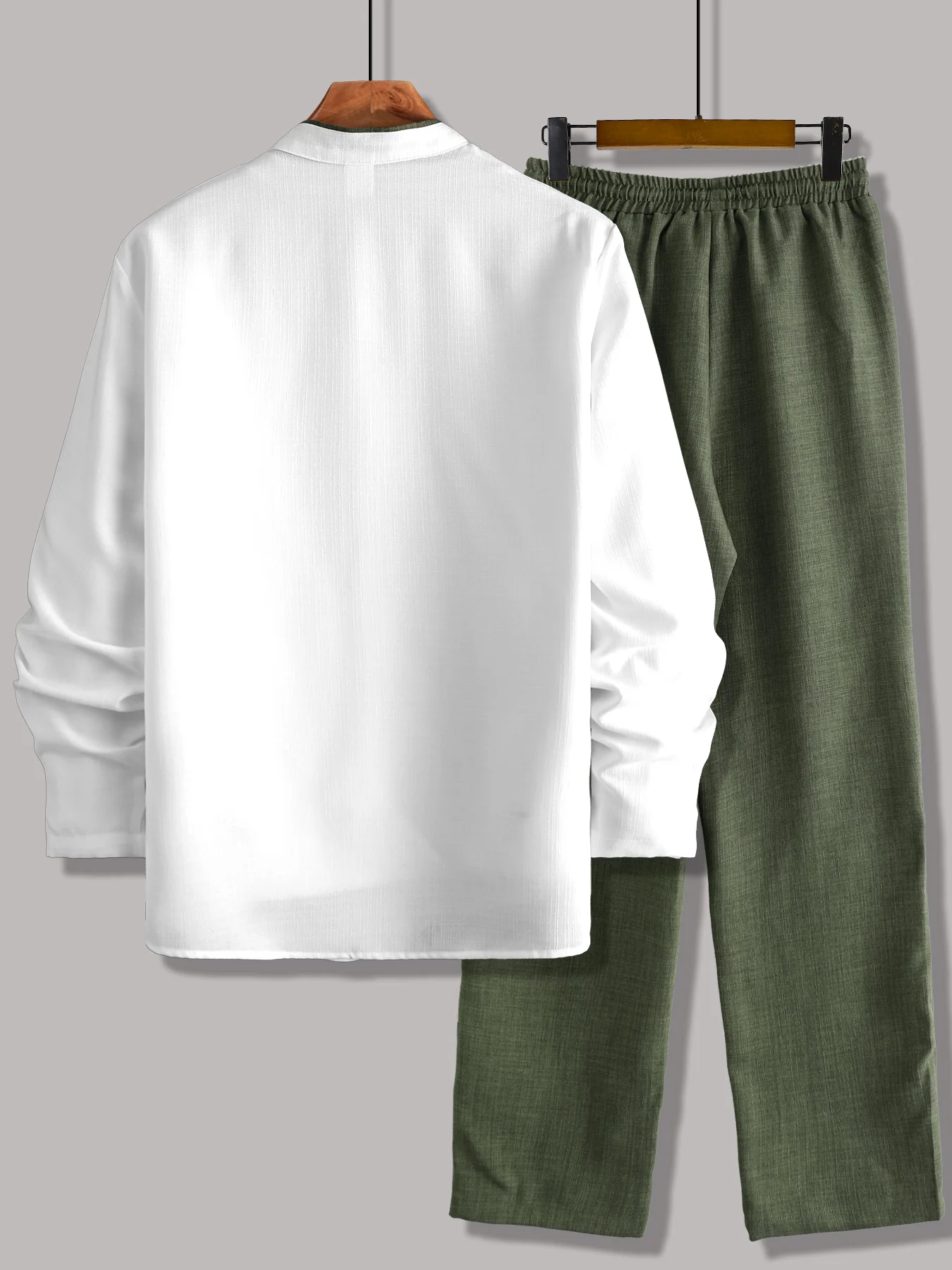Picture 3: Men's Plus Size 2 Piece Color Block Outfits, White Green Stand Collar Textured Shirt & Drawstring Pants Set